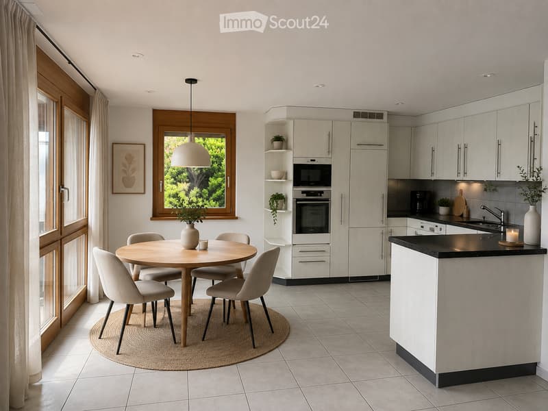 Modern kitchen with white cabinets, a round dining table with four chairs, a pendant light, and a black countertop island. The space features built-in appliances, a window with a view, and decorative items including a vase and a candle.
