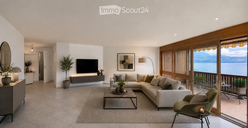Modern living room with large windows offering a scenic view, featuring a sectional sofa, coffee table, armchair, lamps, television, and decorative plants.