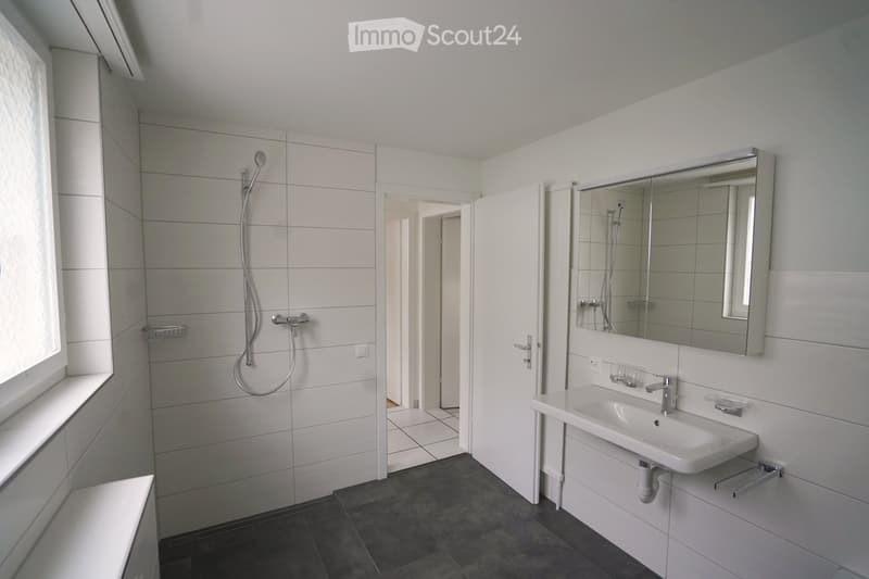 Modern bathroom with white tiles, a large mirror, a sink, and a shower area with a handheld showerhead.