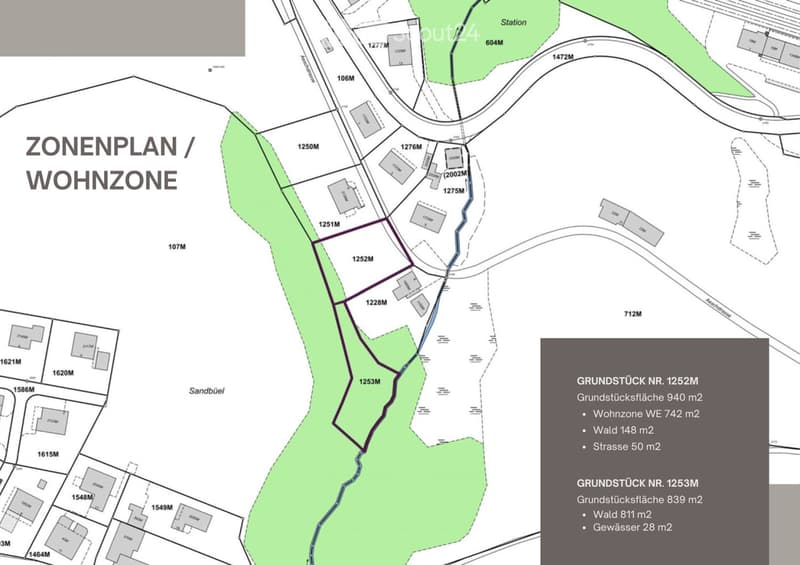 Zoning plan showing residential area boundaries, property plots, and elevation markings. Includes details for Grundstück Nr. 1252M and 1253M with area breakdowns.
