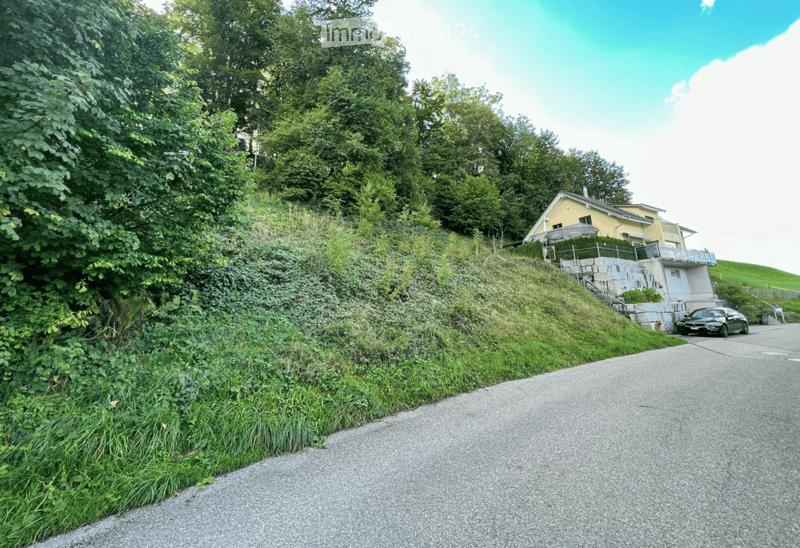 A yellow house with a balcony sits on a hillside, surrounded by lush greenery and trees. A paved road leads up to the house, with a parked car visible nearby.