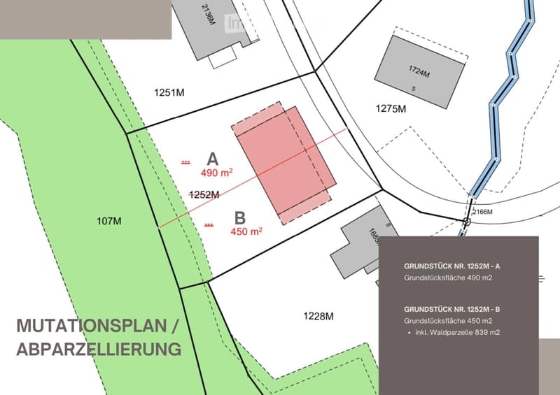 Property plot map showing two parcels labeled A (490 m²) and B (450 m²), with surrounding land measurements and boundaries.