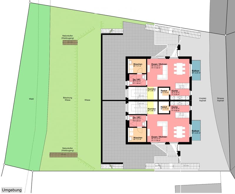 Floor plan of a two-story house with living/dining area, kitchen, bedrooms, bathrooms, and balconies.