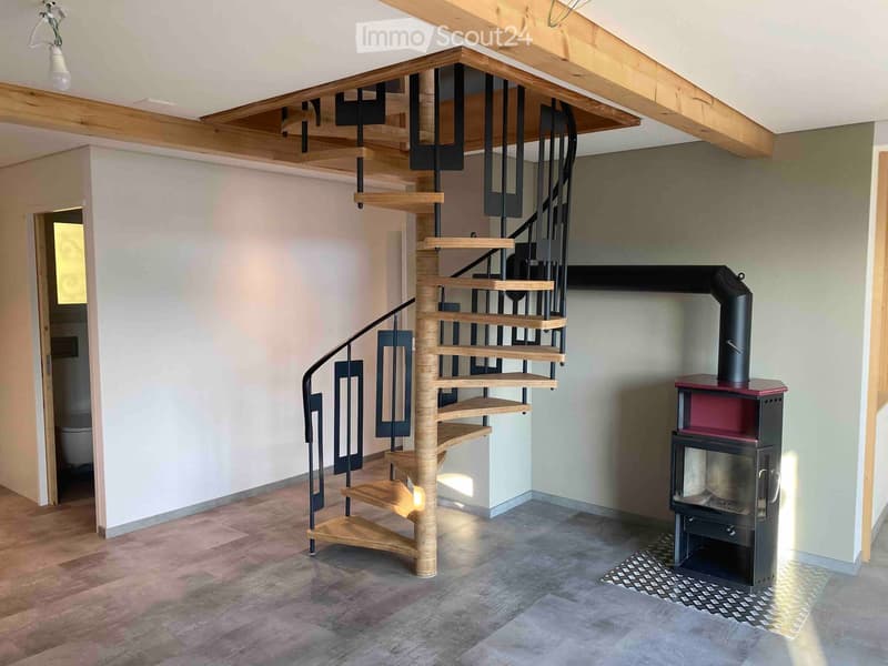 Spacious hallway with a modern spiral staircase and a wood-burning stove, exposed wooden beams on the ceiling, and a mix of wooden and concrete flooring.