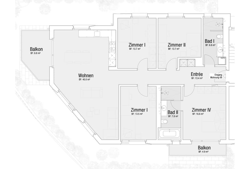 Floor plan of a residential unit featuring a living area, four bedrooms, two bathrooms, and two balconies.