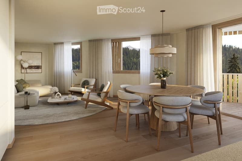 Modern living and dining area with large windows, a round wooden dining table, grey upholstered chairs, a white sofa, and a coffee table.
