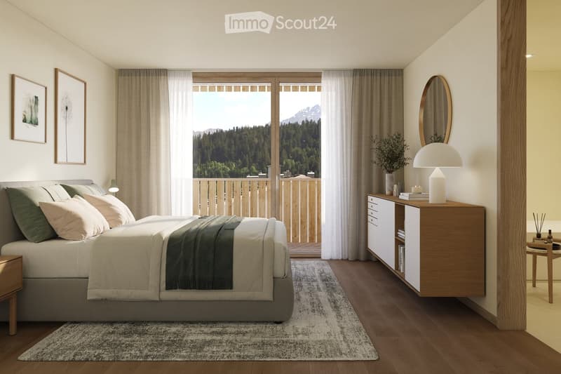 Modern bedroom with a large bed, nightstand, mirror, lamp, and a scenic mountain view through large windows.