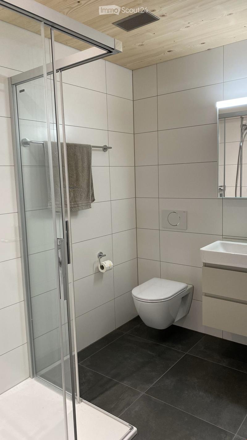 Modern bathroom with white tiles, glass shower enclosure, white toilet, white sink, wooden ceiling, towel rack, and a mirror.