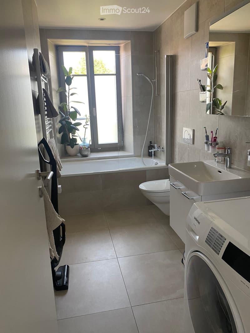 Modern bathroom with a bathtub, toilet, double sink, mirror, towel rack, washing machine, and a small plant on the windowsill.