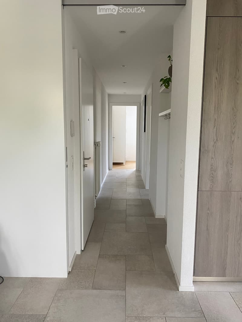 Modern hallway with tiled floor, white walls, and recessed lighting. Features a wooden cabinet on the right and a small plant on a shelf.