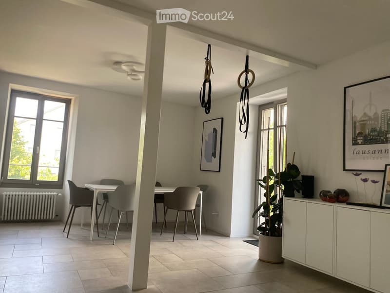 Bright, open living space with a dining area and a lounge area. Features a white dining table with four chairs, a potted plant, a white cabinet with decorative items, and artwork on the walls.