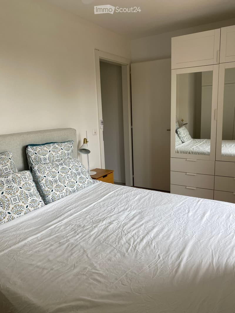 A modern bedroom with a neatly made bed, patterned pillows, a nightstand with a lamp, and a large mirrored wardrobe.
