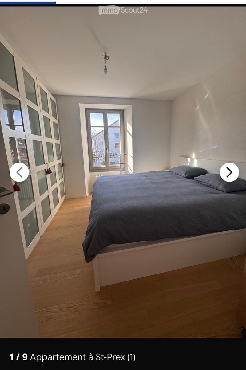 Bright bedroom with wooden flooring, a large bed with dark bedding, a modern wardrobe with glass panels, and a window offering a view of the outside.