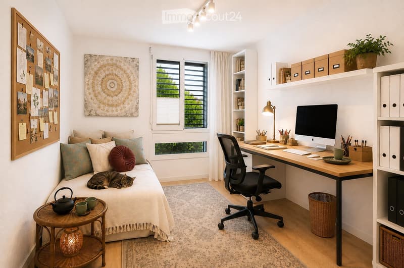 A cozy multifunctional room with a small bed, desk, and seating area. Features include a wooden desk with a laptop, a black office chair, a small round table with a teapot and cups, a cat resting on the bed, and built-in shelving with books and storage bo