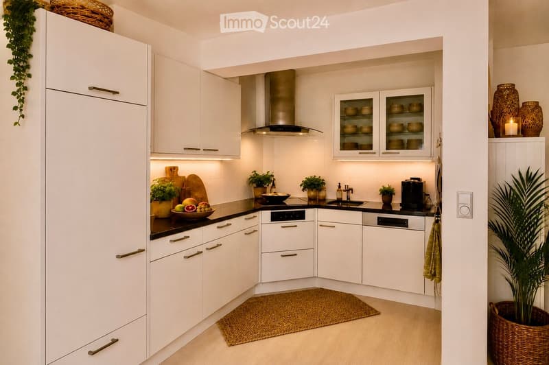 Modern white kitchen with sleek cabinetry, stainless steel appliances, and a black countertop. Features include a built-in oven, dishwasher, and a large refrigerator. The space is decorated with potted plants, a woven rug, and decorative vases.