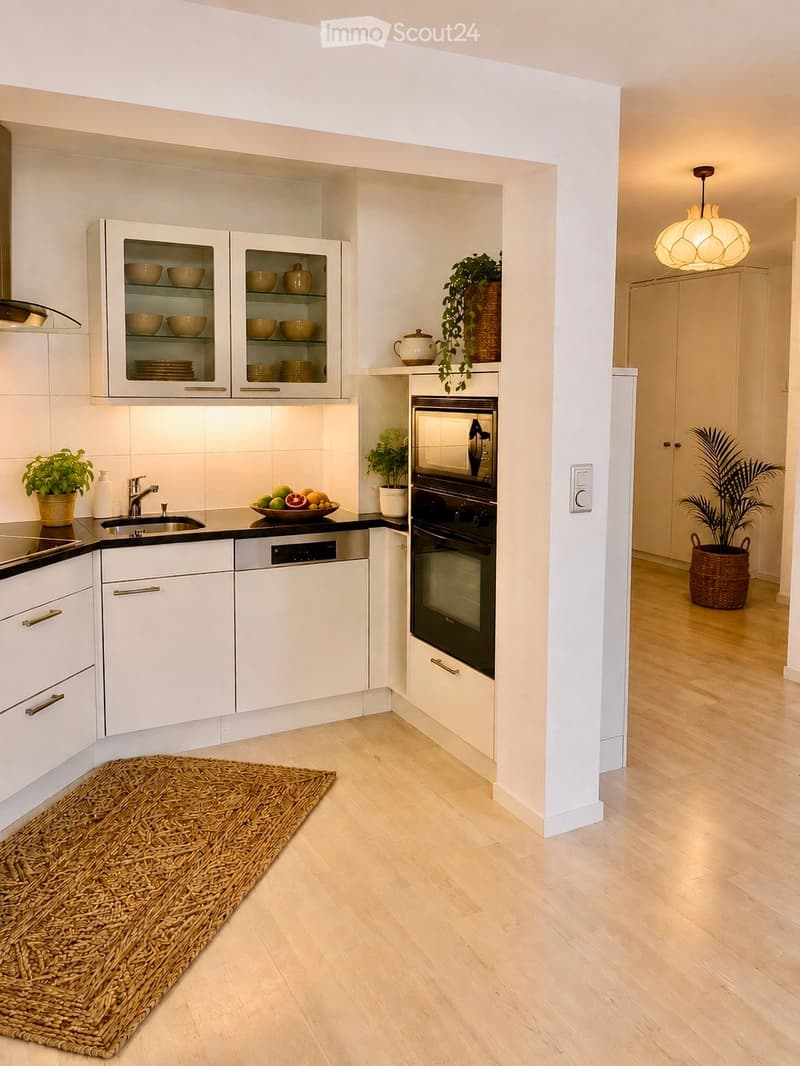 Modern kitchen with white cabinets, stainless steel appliances, wooden flooring, and decorative plants.
