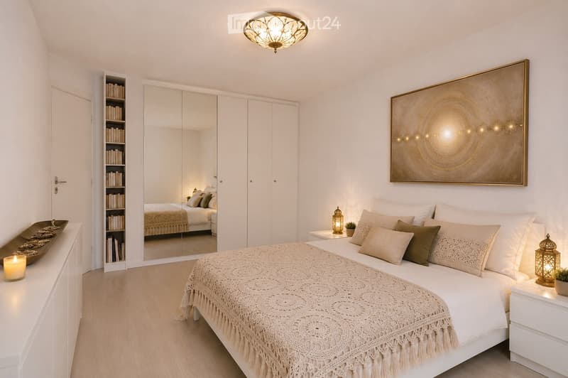 Modern bedroom with a large bed, nightstands, a mirror wardrobe, bookshelf, and decorative items.