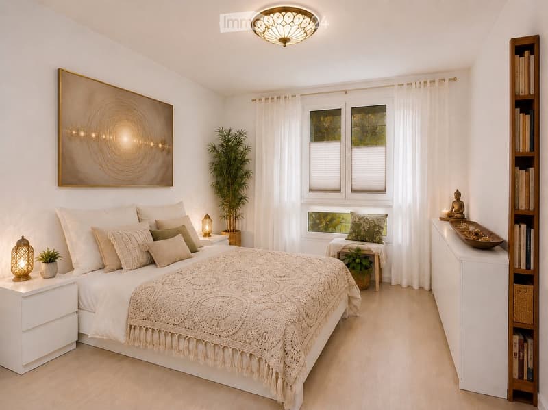 Cozy bedroom with a large bed, nightstands, table lamps, a bookshelf, and decorative plants. Features a large painting on the wall and a small stool with a cushion.