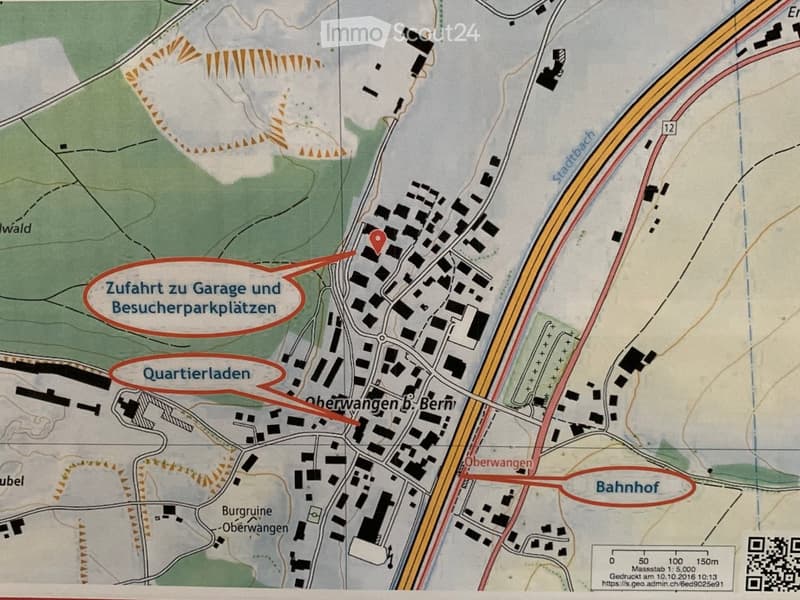 Map showing a residential area with labeled points of interest including access to garage and visitor parking, neighborhood shops, and a train station.