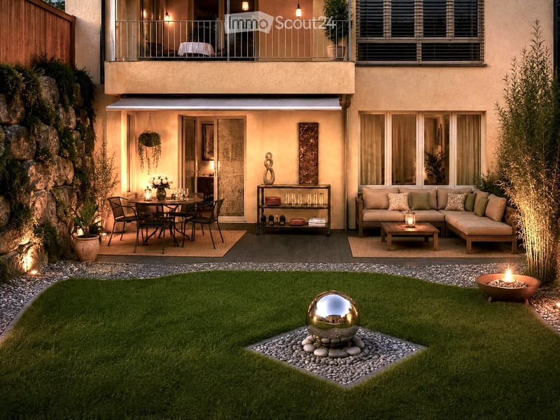 Well-maintained garden with a small lawn, decorative fire pit, reflective sphere, and outdoor seating areas including a sofa, coffee table, and dining set.