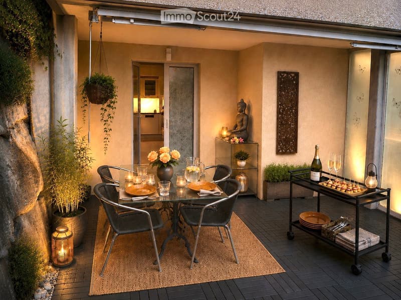 Elegant outdoor terrace with a glass dining table, black chairs, a small serving cart, decorative plants, and ambient lighting.