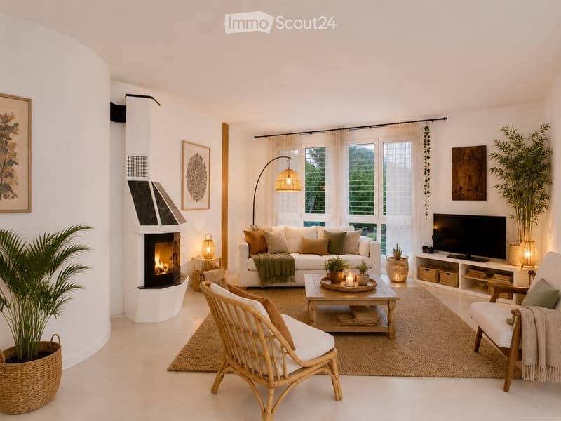 Bright living room with white walls, a white sofa, a coffee table, armchairs, a fireplace, and large windows with sheer curtains.