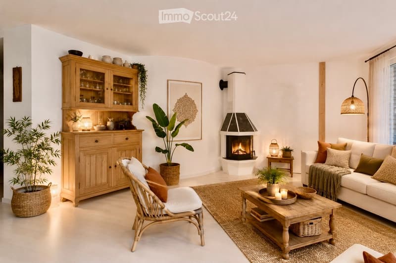 Bright living room with white walls, a fireplace, a sofa, a coffee table, a wicker chair, a wooden cabinet, and decorative plants.