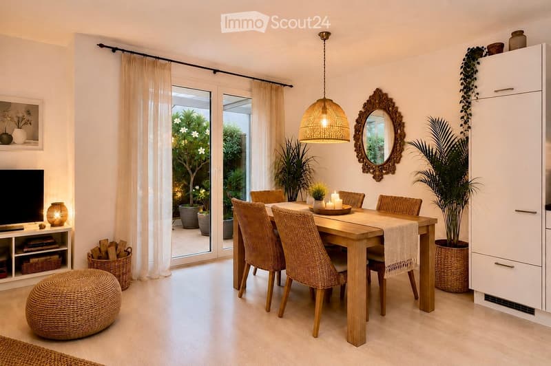 Bright dining area with a wooden table, wicker chairs, a round wicker stool, a large mirror, a TV on a shelf, and potted plants near the sliding glass doors leading to a garden.