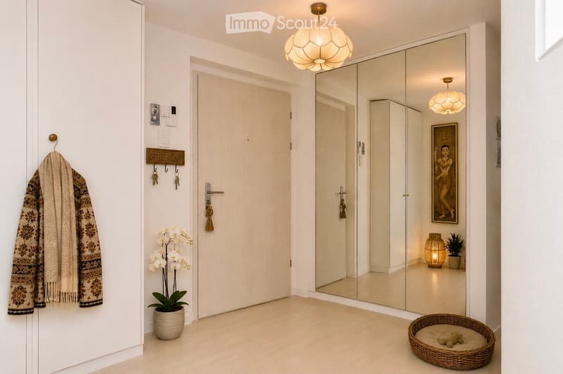 Modern hallway with white walls, wooden floor, large mirror, hanging light fixture, coat rack, and small potted plant.