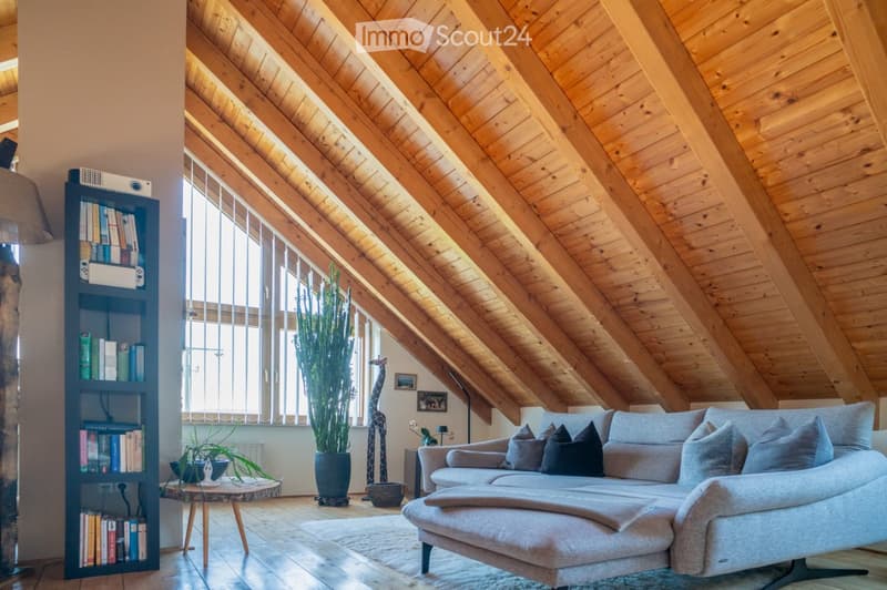 Modern living room with exposed wooden beams, large windows, grey sectional sofa, coffee table, bookshelf, and decorative plants.