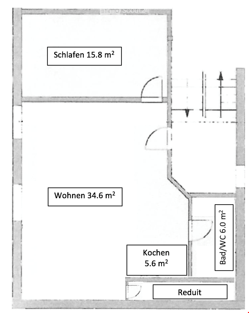 Floor plan showing a living area (34.6 m²), bedroom (15.8 m²), kitchen (5.6 m²), bathroom/WC (6.0 m²), and hallway.