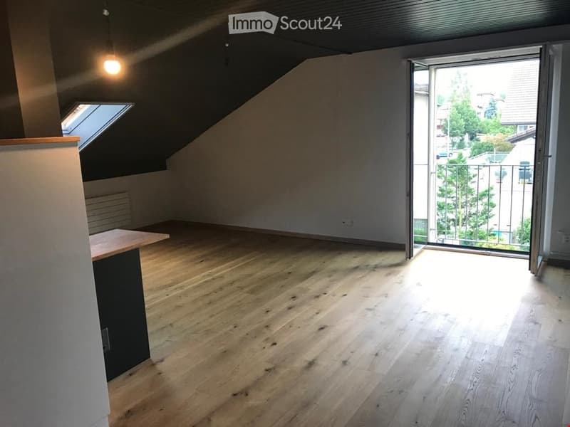 Empty attic room with wooden flooring, skylight window, and open sliding door leading to a small balcony area.