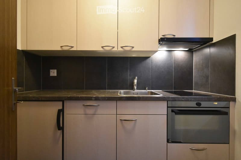 Modern kitchen with light-colored cabinets, dark countertops, a stainless steel sink, and built-in oven.