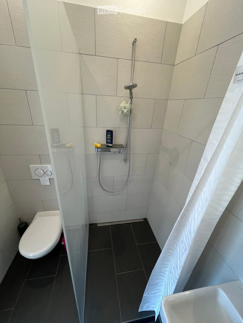 Modern bathroom with white tiles, black floor, glass shower enclosure, toilet, and a shower with a handheld sprayer.