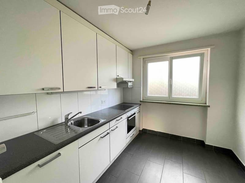 Modern kitchen with white cabinets, black countertop, stainless steel sink, and built-in oven. Features a window with frosted glass panes.