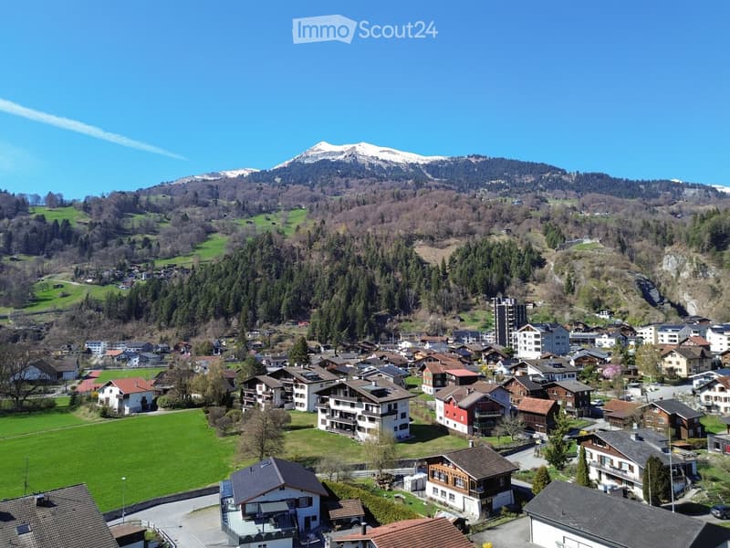 Aerial view of a village nestled in a valley with snow-capped mountains in the background, featuring a mix of residential houses and apartment buildings surrounded by green fields and trees.