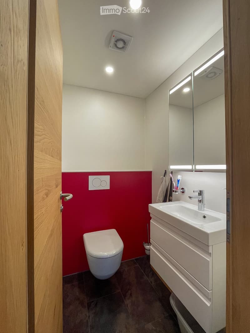 Modern bathroom with white walls, dark tiled floor, red accent wall, toilet, sink with mirror, and toothbrush holder.
