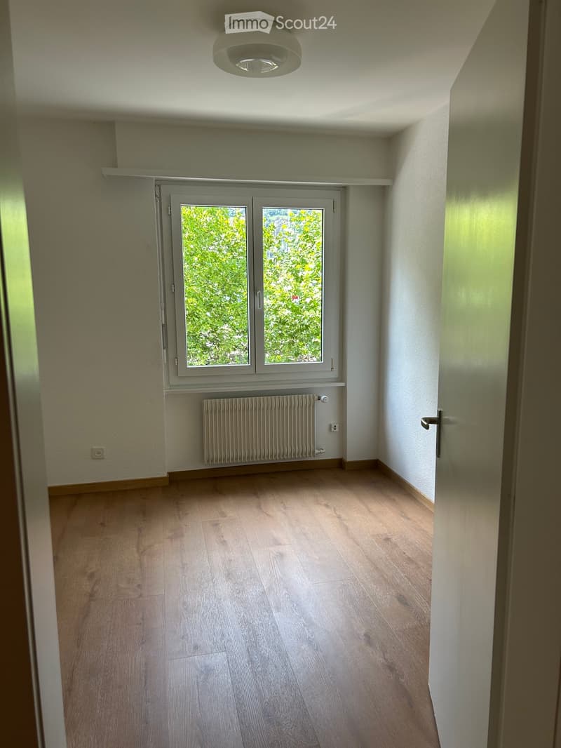 Empty room with wooden flooring, white walls, a radiator, and a large window with a view of greenery outside.