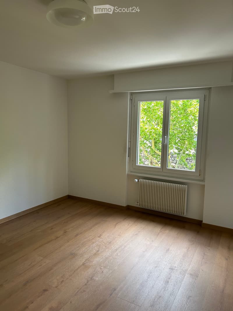 Empty room with wooden flooring, light-colored walls, a window with a view of greenery, and a radiator below the window.