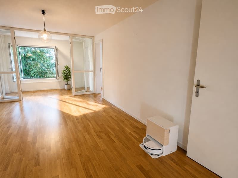 Empty room with light wooden flooring, white walls, large windows with blinds, and a small potted plant near the window. A robotic vacuum cleaner is placed near the wall.