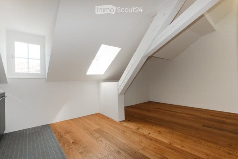 Empty attic room with wooden flooring, white walls, and skylight window. No furniture or equipment present.