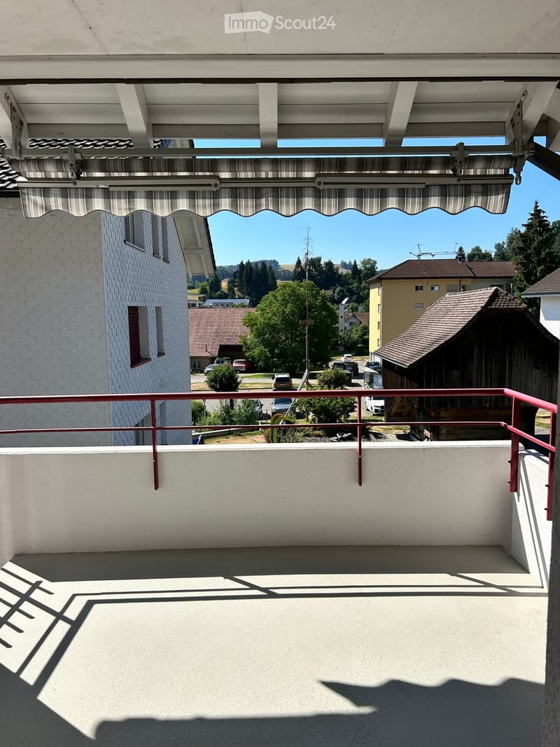 Balcony with white walls, red metal railing, and striped awning, overlooking a residential area with houses, trees, and parked cars.