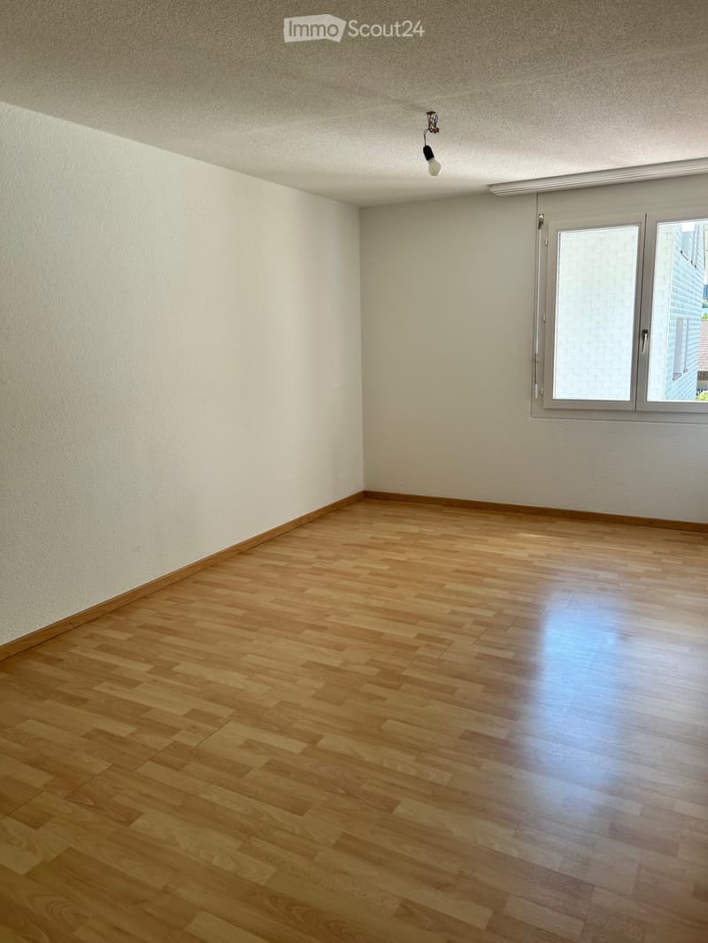 Empty room with wooden flooring and white walls, featuring a single window and a ceiling light fixture.