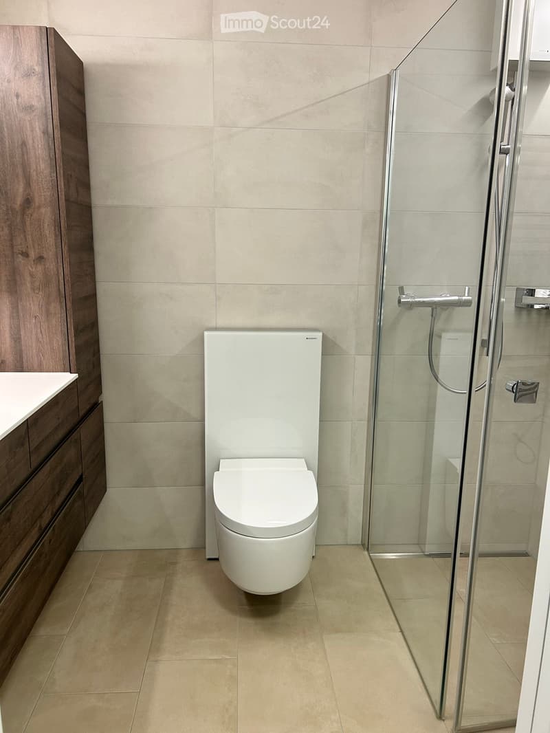 Modern bathroom with a white toilet, glass-enclosed shower, and wooden cabinet.