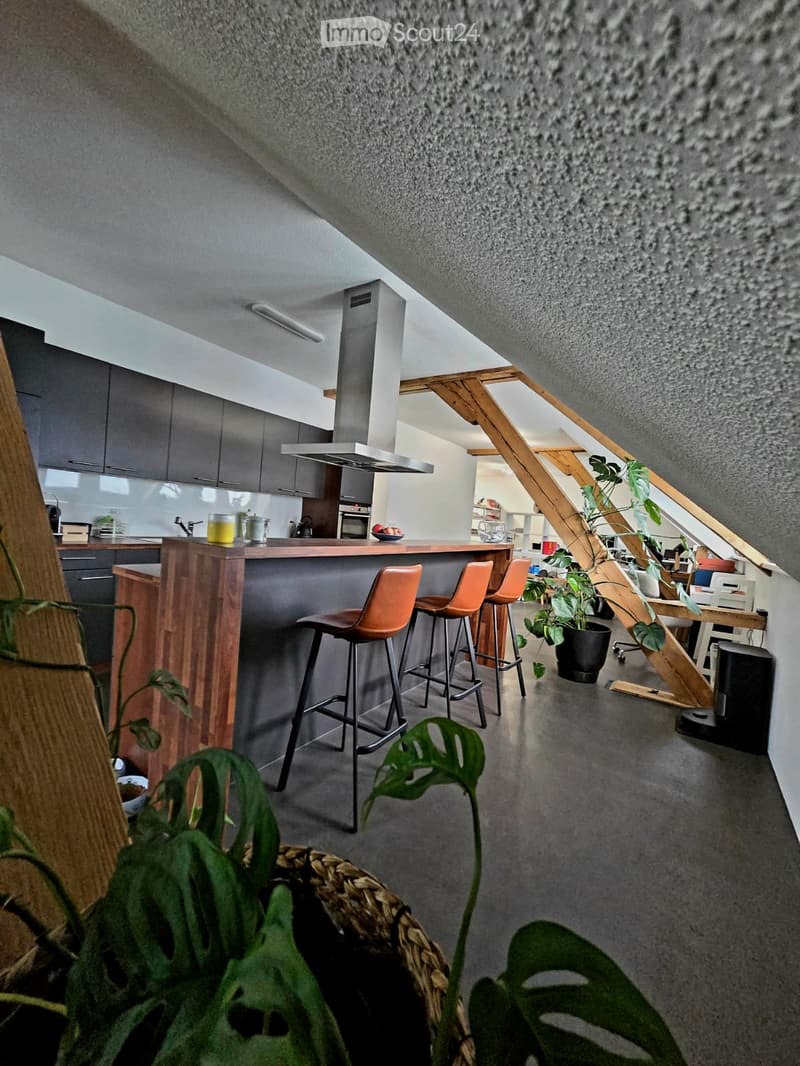 Modern kitchen with grey cabinets, bar counter, three orange stools, and a plant in the foreground.