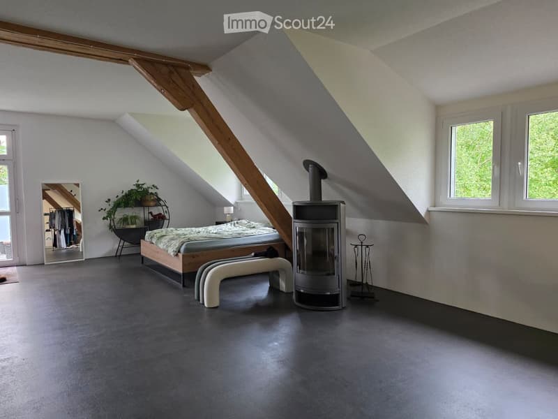 Modern attic bedroom with slanted ceilings, exposed wooden beams, dark grey concrete floor, bed, fireplace, small bench, mirror, and plants.