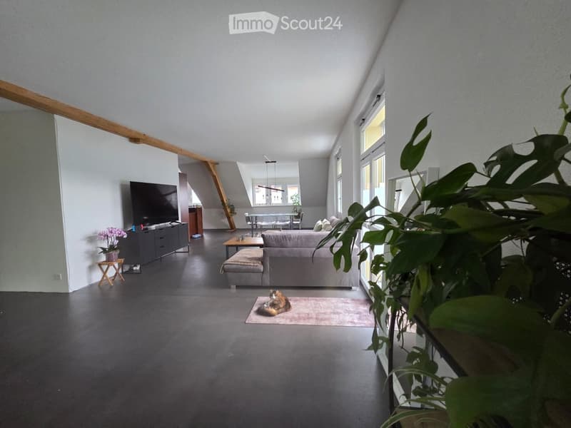 Modern living room with grey sofa, coffee table, television, side table, and dining area visible in the background.