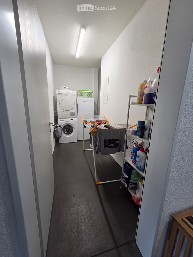 Narrow hallway with a private washing machine and dryer unit, a drying rack with towels, and shelves holding cleaning supplies.