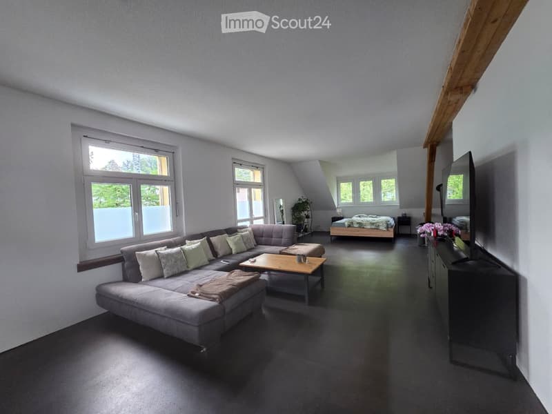 Open-plan living and sleeping area with large windows, grey sectional sofa, wooden coffee table, flat-screen TV, and a bed in the background.