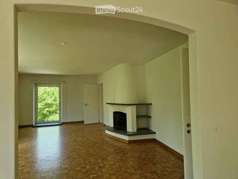 Empty room with wooden flooring, white walls, and a fireplace with built-in shelves. There is a large window with a view of greenery and a door leading to another room.